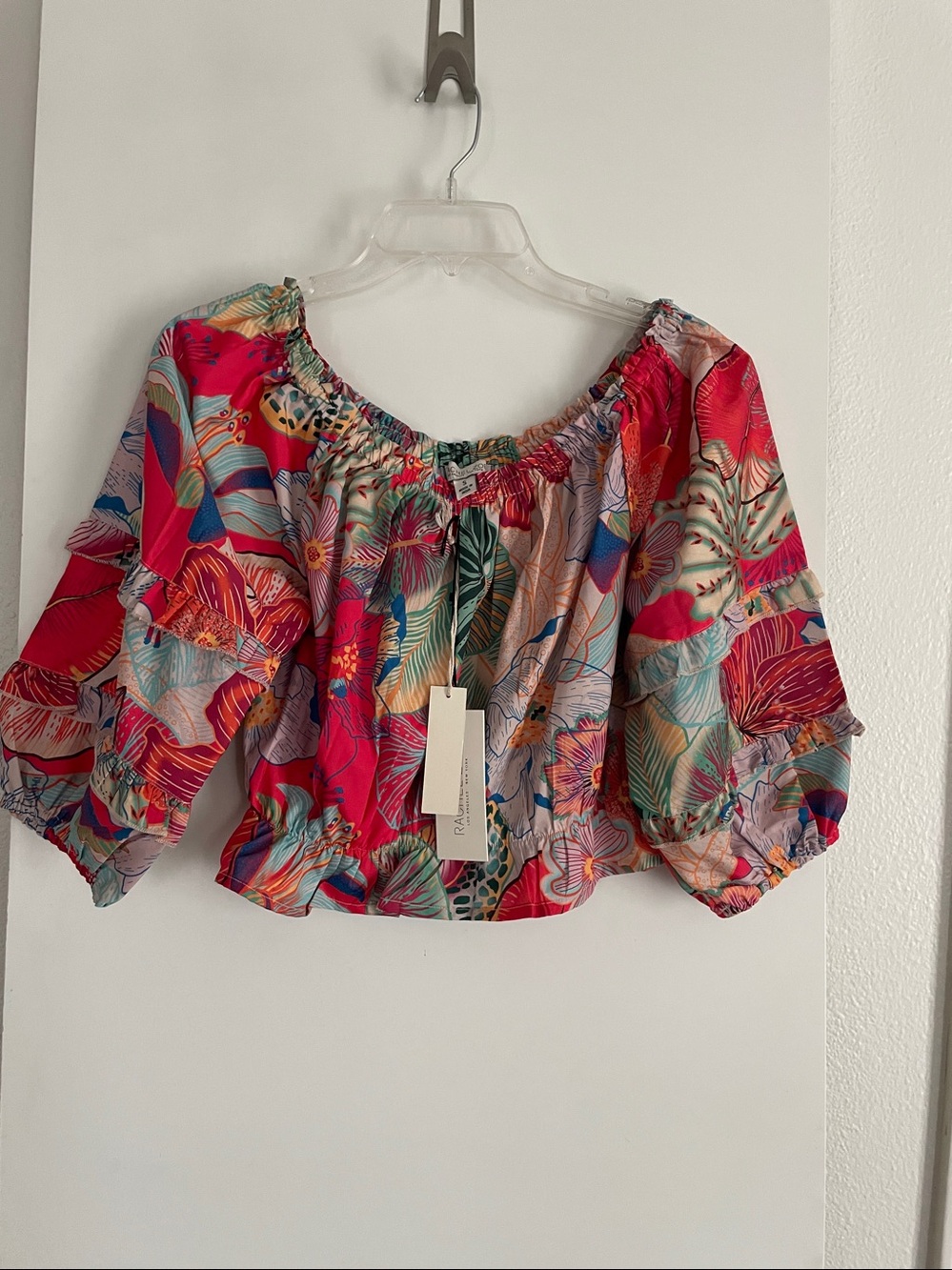 Rachel Zoe Cropped Scoop Neck Puff Sleeve Blouse Top Red Floral Tropical NWT